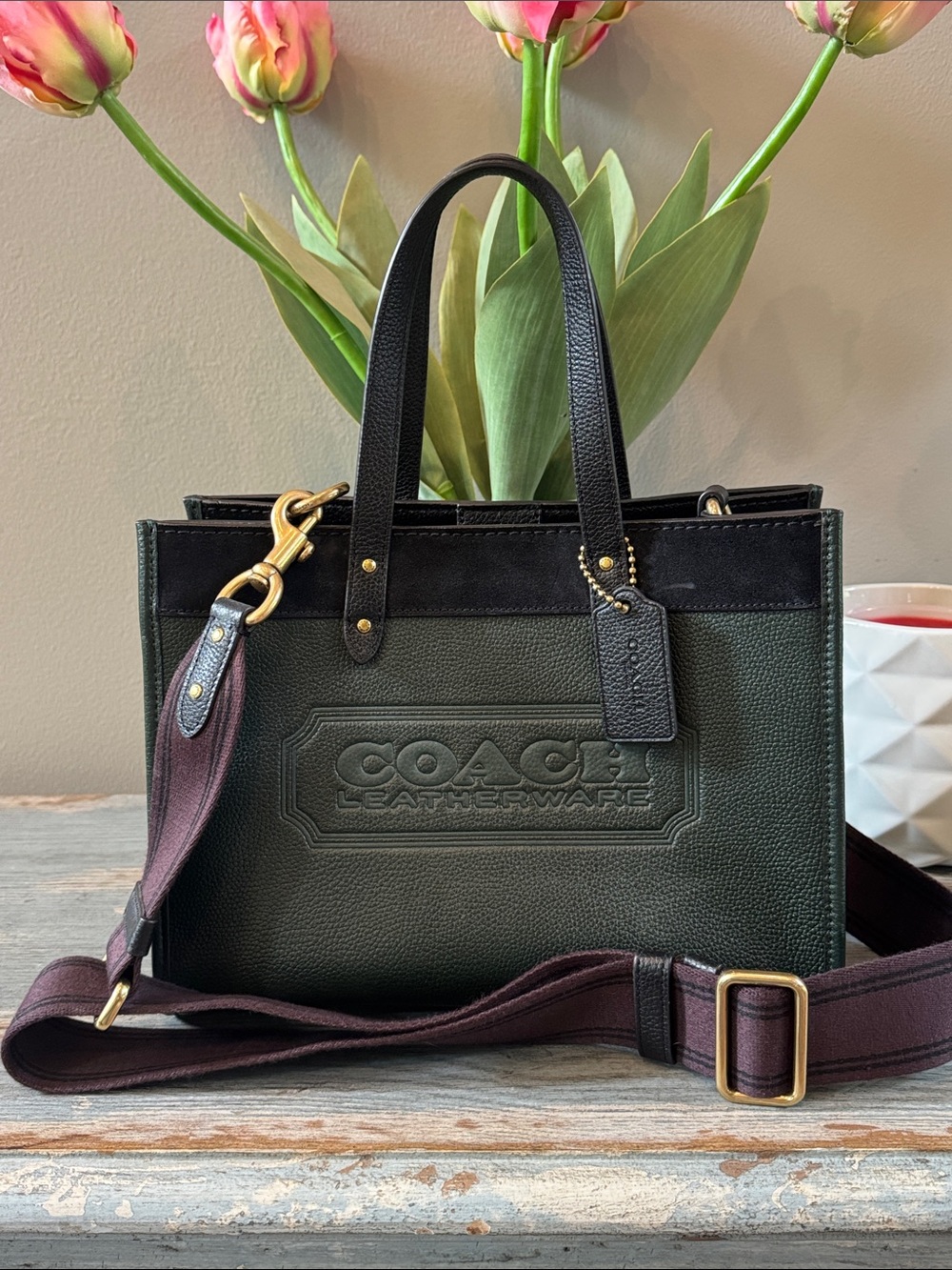 COACH Green Leather Embossed Tote with Removable Strap